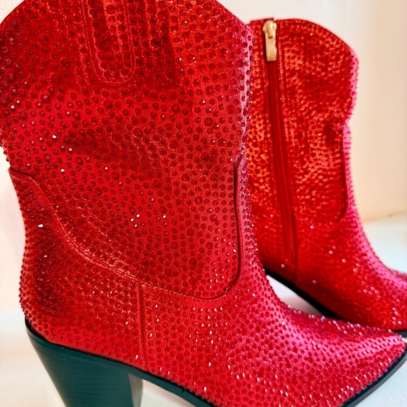 * Berness Sexy Red Rhinestones 3" Block Heel Cowboy Boots - Picture 4 of 10